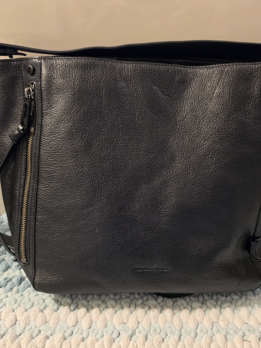 Rebecca Minkoff Black Leather Messenger Bag with Zip Pocket